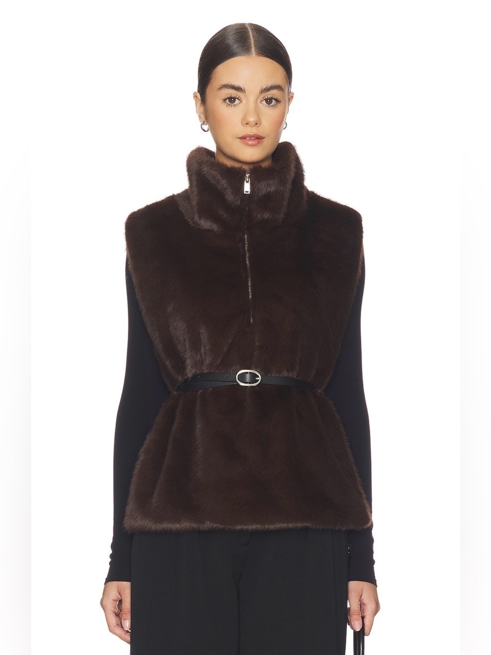 WeWoreWhat Faux Fur Mockneck Vest in Dark Brown, XS/S